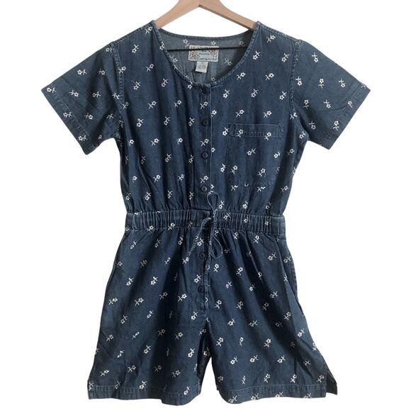 NWT Vintage New Direction Blue Denim Floral Embroidery Jean Jumpsuit Romper